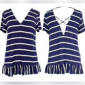 Revolve Chaser Striped Navy Ruffle Hem Short Sleeve Tunic Strappy Nautical Top M